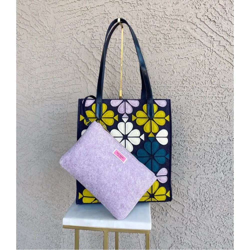 KATE SPADE Blue Purple Kitt North South Floral Felt Tote Bag & Matching Pouch
